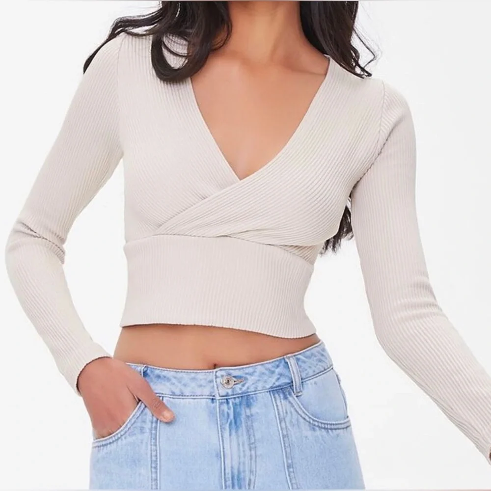 Forever 21 Beige Ribbed Surplice Crop Top - Picture 1 of 5